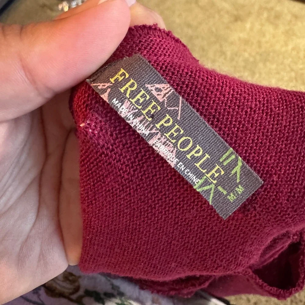 Free People Berry Wine Crochet Lace Trim Thermal Top Long Sleeve Women Medium